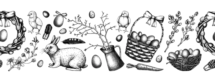 Seamless Easter ribbon design with cute characters and spring decor elements. Hand drawn bunnies, eggs, chickens, flowers and flowering trees background. Vector template with Holiday sketches